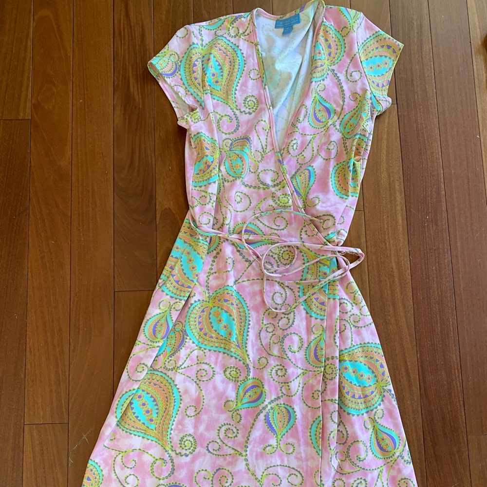 floral pink and green tie dress